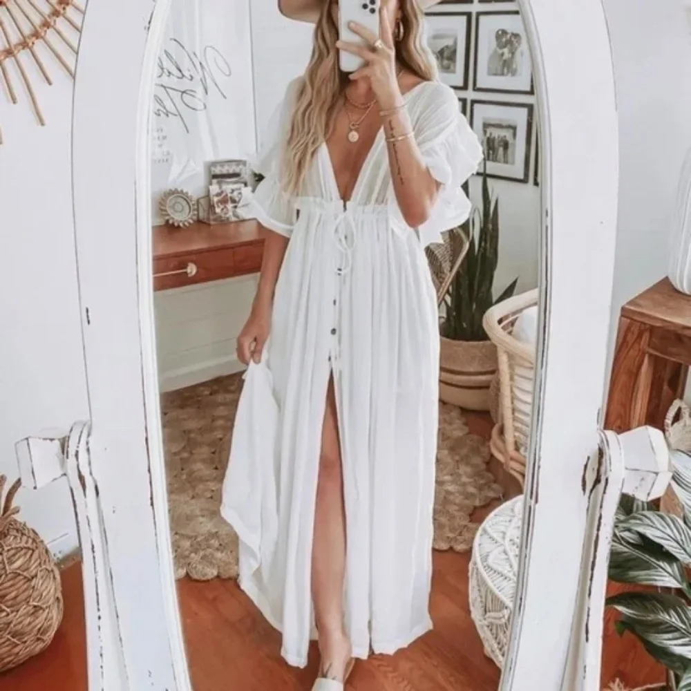 SOLD OUT White Boho Gauze Semi Sheer Button Maxi Casual Vacation Dress - Picture 1 of 7